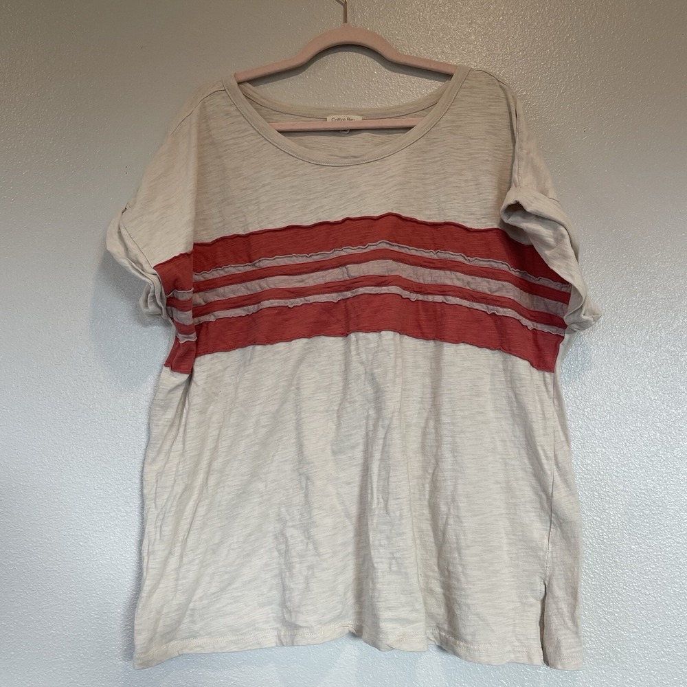 Cotton Bleu Cuffed Short Sleeve Top Ivory with Pink Stripe Women's Size 2XL Tee